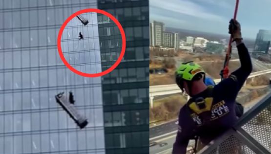 MOMENTO EXACTO en que son rescatados trabajadores que quedaron varados en rascacielos