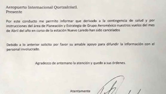 Cancelan vuelos del aeropuerto de Nuevo Laredo durante el mes de abril