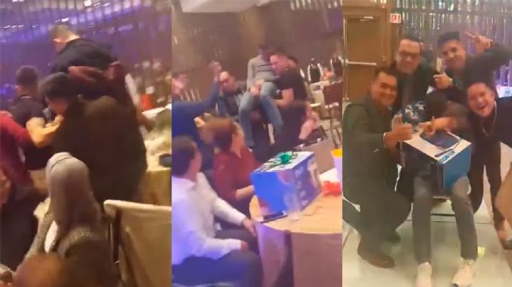 VIDEO: Termina borracho en posada del trabajo; lo cargan para que recoja su premio de la rifa