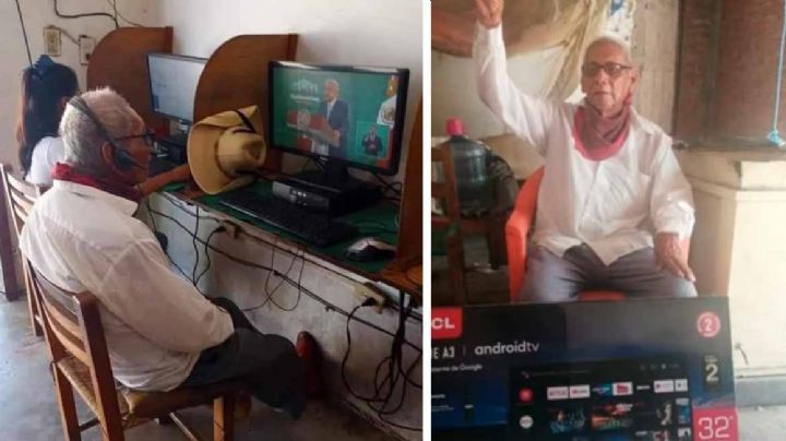 Regalan una TV a abuelito que veia "La Mañanera" de AMLO en cibercafé