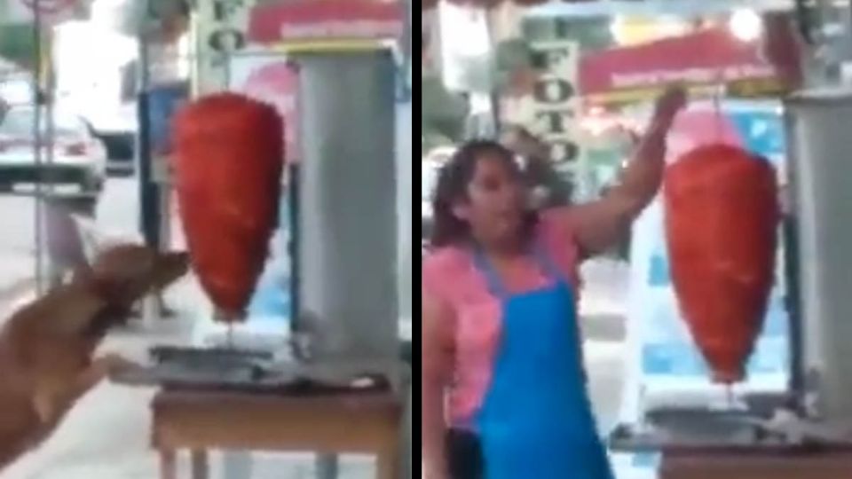 En el video se puede ver al trompo de pastor fuera de la taquería