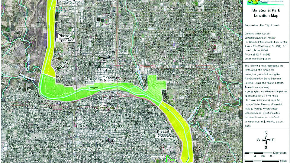 Este es el proyecto preliminar del Parque Binacional Dos Laredos desde el puente de ferrocarril hasta el arroyo Zacate.