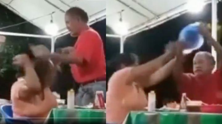 Hombre agrede a su pareja en un puesto de tacos; le aventó comida y salsa | VIDEO