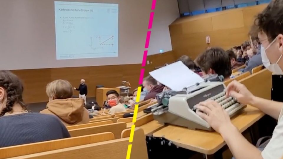 Del baúl de los recuerdos este alumno sacó su máquina de escribir y tomó apuntes en la clase