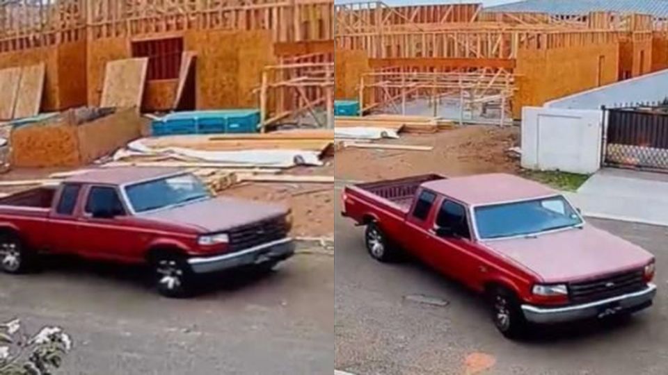 El conductor de esta camioneta Ford F-150 color rojo, vidrios oscuros, podría estar robando hojas de madera contrachapada