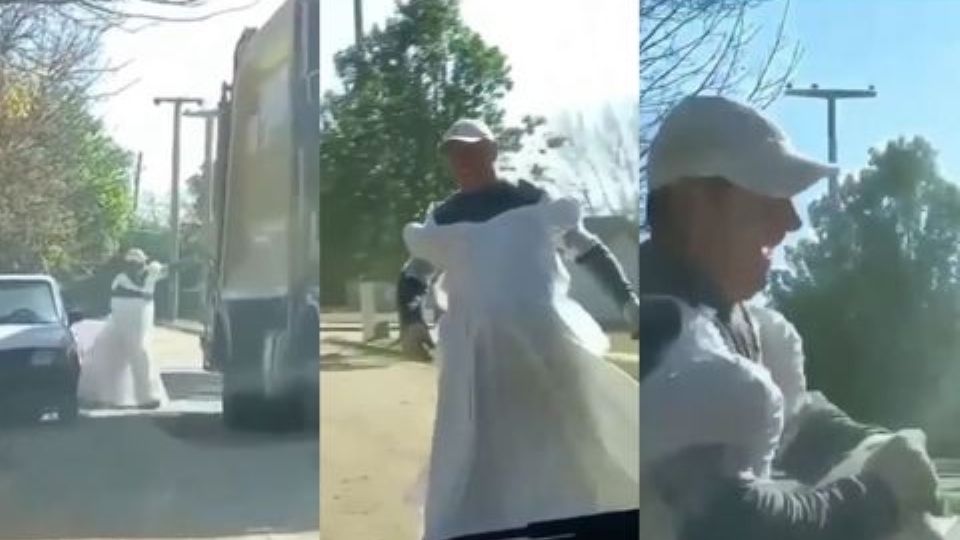 El trabajador aprovechó el vestido desechado por alguien para pasar un día cómico con sus compañeros y con los clientes del servicio de limpieza