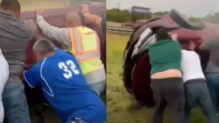 Unen fuerzas para rescatar a conductor cuyo automóvil volcó en accidente VIDEO