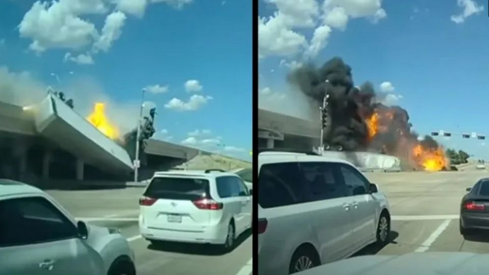 Tráiler sale volando de puente y se incendia en Texas