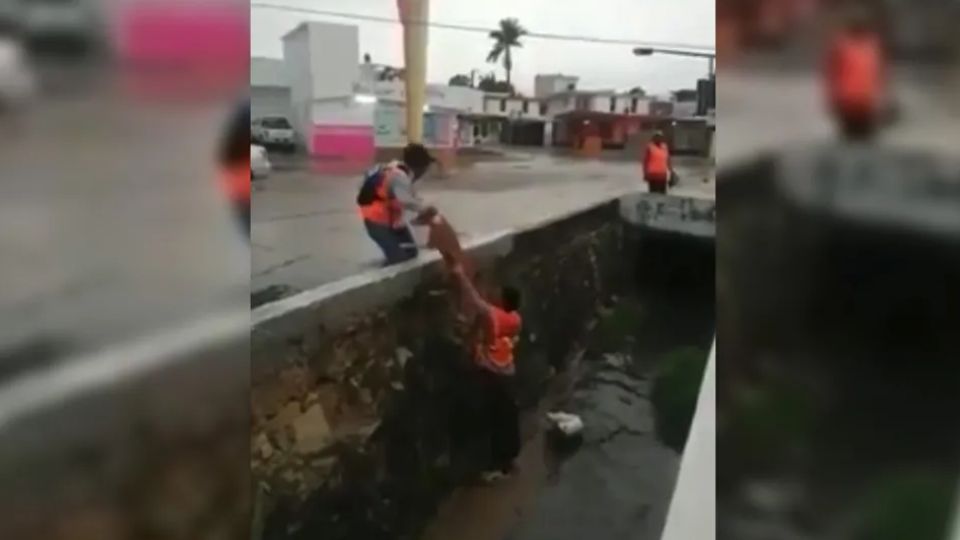 Dejando de lado sus labores oficiales, uno de los trabajadores se adentró al canal para sacar sano y salvo al pequeño can