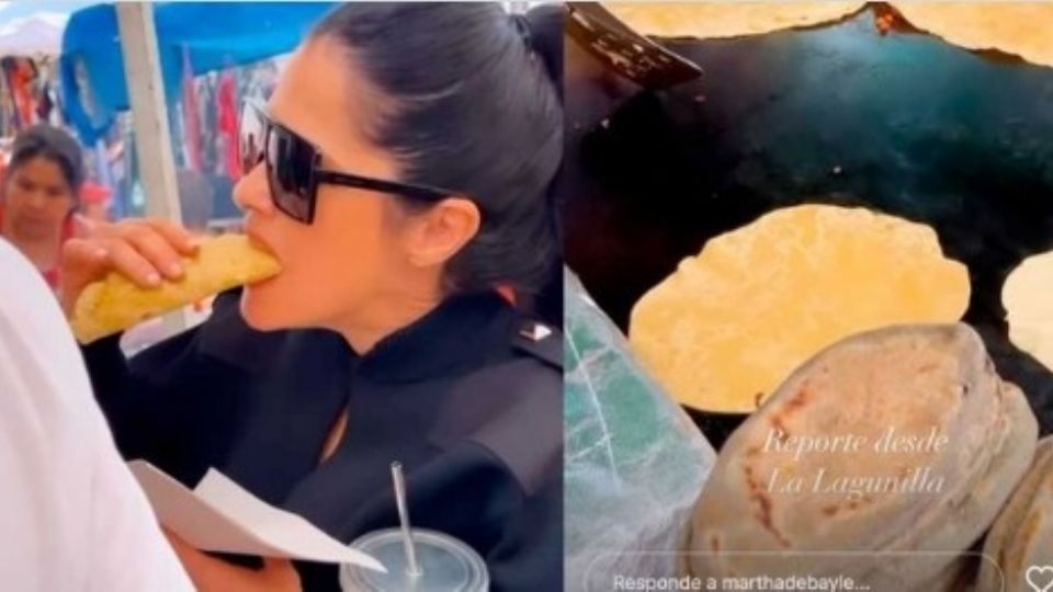 A la conductora se le vio muy a gusto en su paseo por el tianguis, donde comió una quesadilla