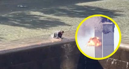 Hombre se lanza a nadar a fuente del WTC, Museo Memorial 9/11, en Nueva York