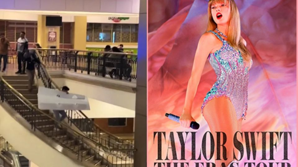 El llamado Swiftie corrió rápidamente con el cartel de su artista favorito, ante la mirada de los clientes en la plaza comercial