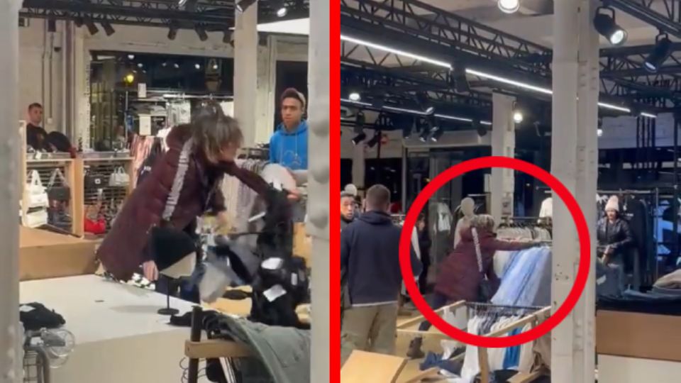 Sin control ni medida, la mujer comenzó a dañar la ropa del lugar, ante la mirada impotente de los trabajadores