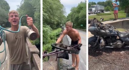 Cambia anzuelo por imanes; ha pescado armas, bicis motos y hasta un carrito de golf | VIDEO