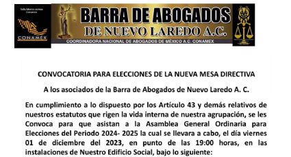 Convocatoria Para Elecciones De La Nueva Mesa Directiva de Barra de Abogados