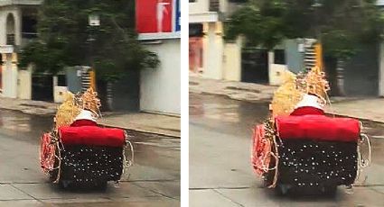 Curioso Santa Claus se aparece con todo y trineo rebasando autos en calles de Tamaulipas