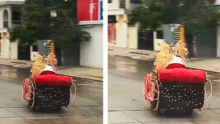 Curioso Santa Claus se aparece con todo y trineo rebasando autos en calles de Tamaulipas