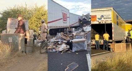 Tráiler de Coppel se accidenta y rapiña se lleva la mercancía | FOTOS