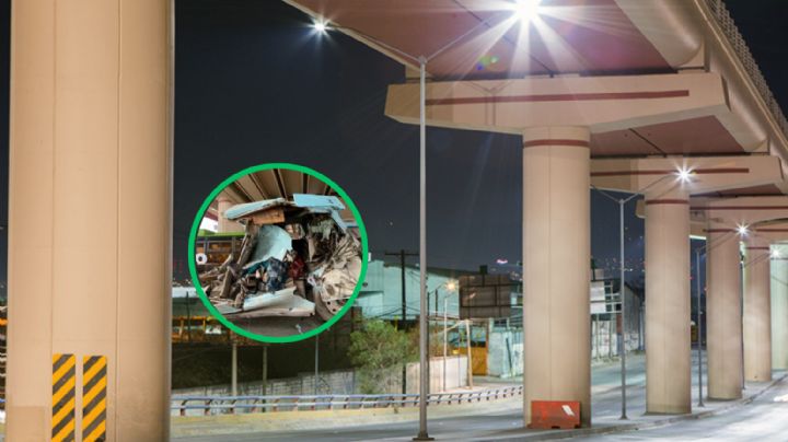 Chofer sobrevive tras destrozar cabina de su tráiler contra columna del metro en Monterrey