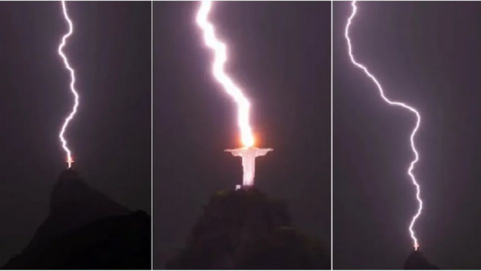 Un rayo cayó en el Cristo Redentor de Brasil