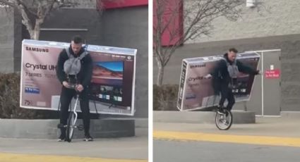 Hombre compra pantalla de 75 pulgadas y la transporta en su monociclo | VIDEO