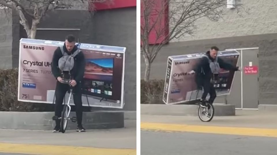 Este hombre arriesgó su pantalla al transportarla en un monociclo