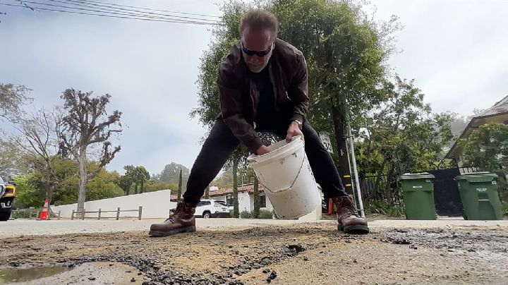 Sorprenden a Arnold Schwarzenegger tapando baches; 'Terminator' le da duro a la pala | VIDEO