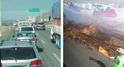 Tráiler sufre falla mecánica y se incendia con 20 toneladas de alfalfa | VIDEO