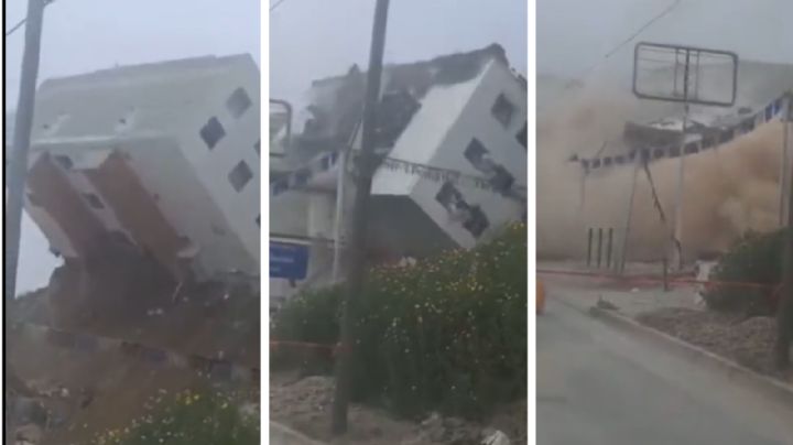 Así fue el impactante derrumbe del segundo edificio construido al lado de barranco en Tijuana