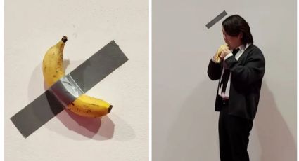 Estudiante se come la polémica obra de plátano pegado a la pared | VIDEO