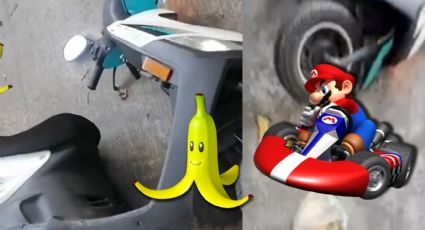 Motociclista se resbala en el camino por cáscara de plátano; lo comparan con Mario Kart