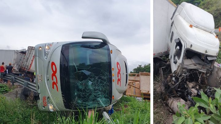 Dos tráileres destrozan autobús de pasajeros: un muerto y 14 heridos