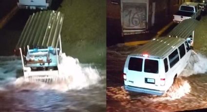 Carrito de elotes es arrastrado por la corriente en tormenta | VIDEO