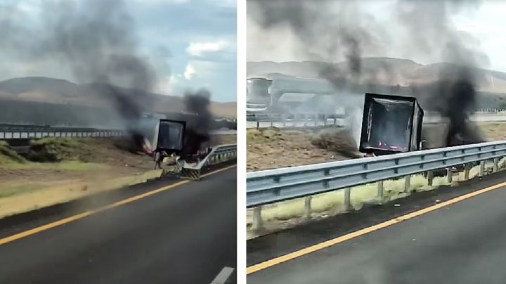 Tráiler vuelca y se incendia en trágico accidente en el Km. 57 de la autopista a Monterrey | VIDEO