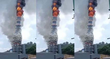 Torre de central térmica se desploma, luego de arder en llamas