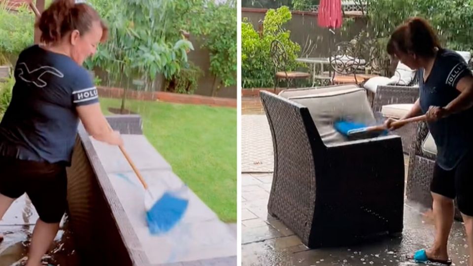 Aprovechando la llegada del agua en forma de lluvia, la madre de familia sacó todo para hacer su limpieza de primavera