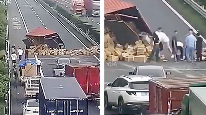 Así hacen 'rapiña' los japoneses cuando se voltea un camión... igualito que en México | VIDEO