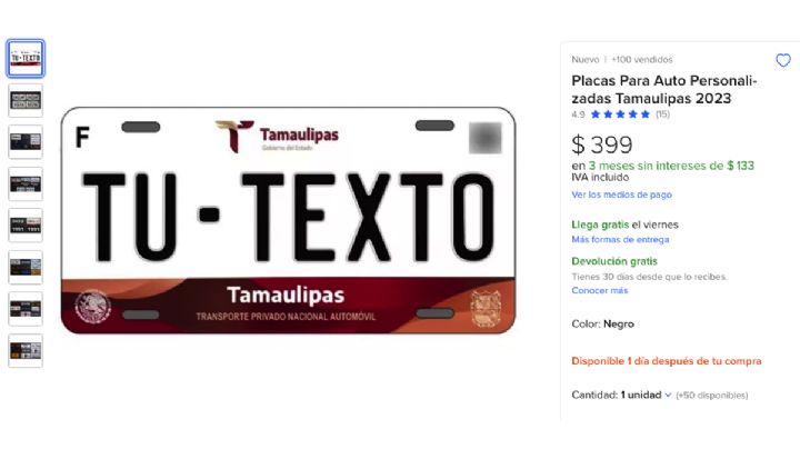 Ofrecen placas vehiculares de Tamaulipas en 'Mercado Libre'