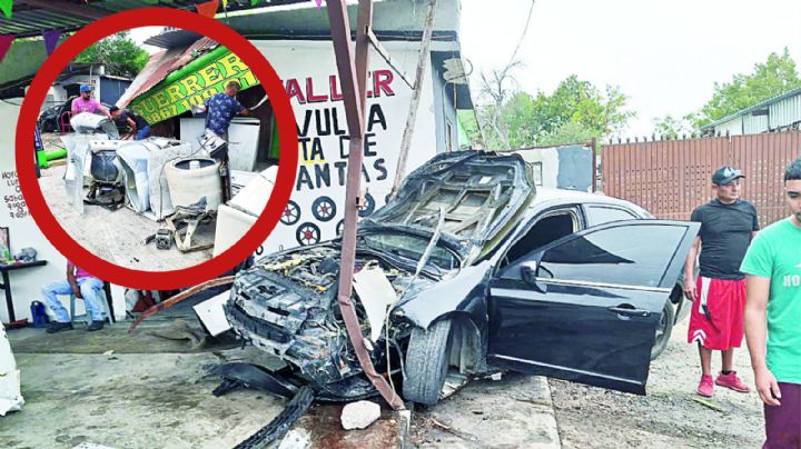 Por ir 'rápido y furioso' jovencito destroza su carro y un negocio de lavadoras en Nuevo Laredo