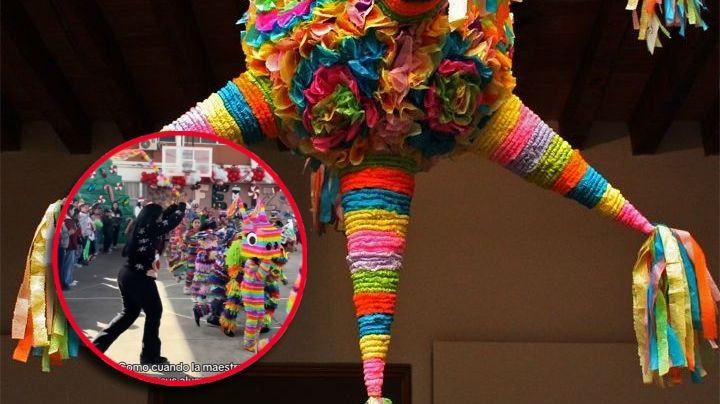Maestra se viraliza por disfrazar a sus alumnos de piñatas; corre para 'pegarles' con un palo | VIDEO