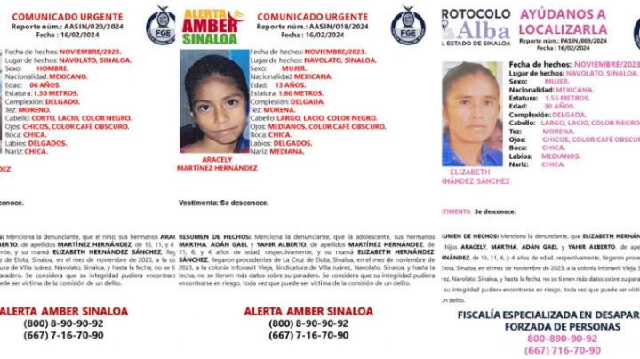 Desaparece mujer y sus 4 hijos; Fiscalía de Sinaloa activó alerta Amber y Alba