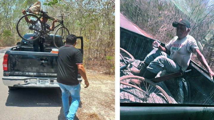 Jóvenes rescatan a abuelito que iba en bicicleta a más de 40 grados; le dan raid en su 'troca'