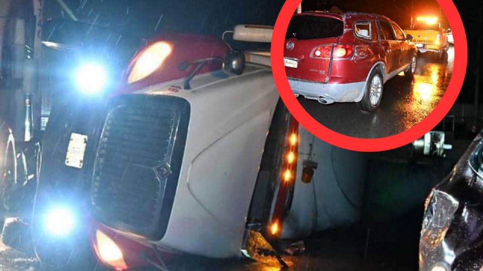 Se salvan de milagro: tráiler vuelca por tormenta y aplasta a camioneta en Nuevo Laredo