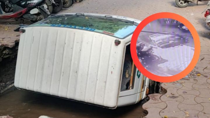 Socavón se traga por completo un camión de cisterna | VIDEO