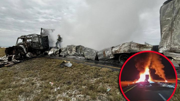 Traileros chocan en la autopista Laredo-Monterrey; unidades quedaron completamente calcinadas