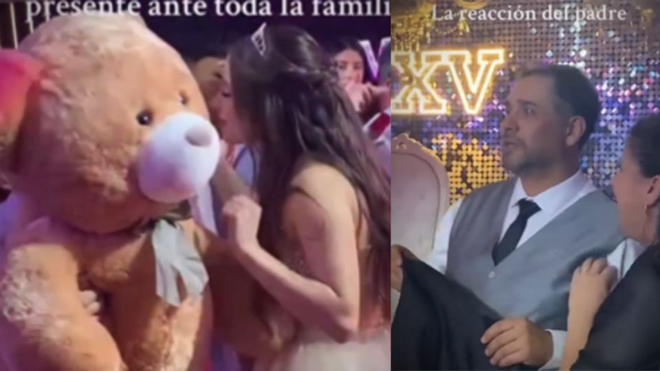 Joven sorprende a quinceañera con flores y peluche; el papá protagoniza el momento con su reacción
