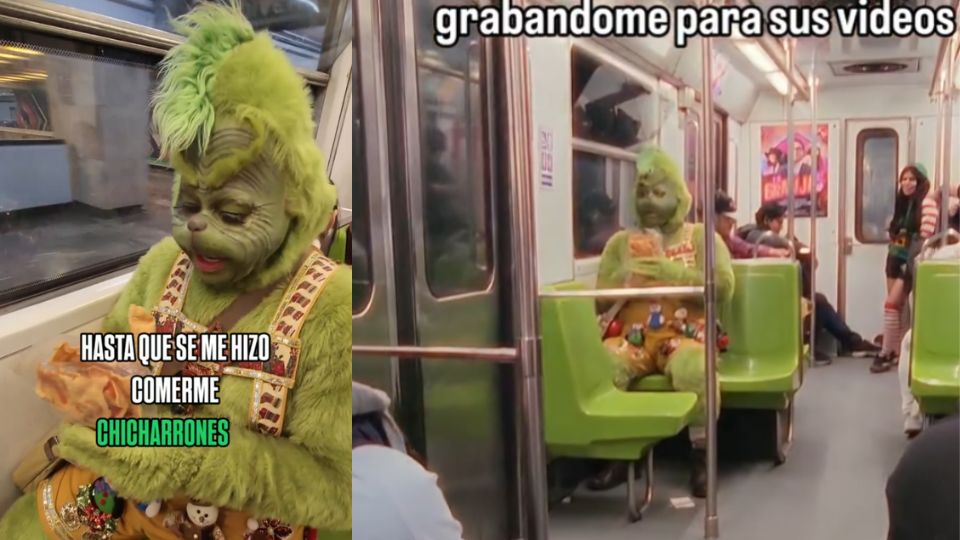Pasajeros ven al Grinch comiendo chicharrones en el metro de la Ciudad de México | VIDEO
