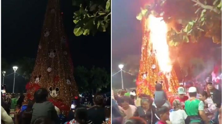 Se incendia árbol de Navidad gigante en pleno evento de inauguración | VIDEO