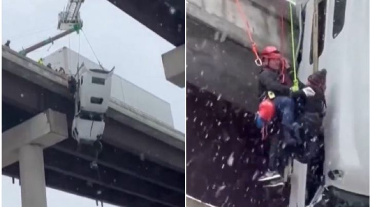 Tráiler queda colgando de puente; así tuvieron que rescatar al chofer | VIDEO