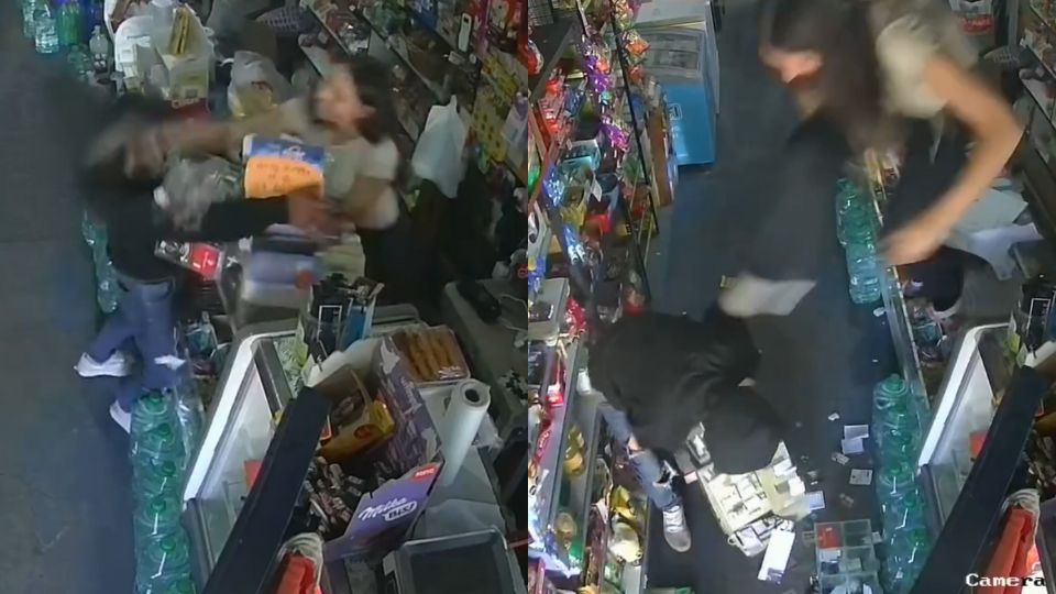 MOMENTO EXACTO en que hombre intenta asaltar una tienda y empleada lo detiene a golpes y patadas